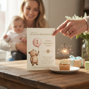 Whimsical Bear "One" Heart Balloon Birthday  Invitation