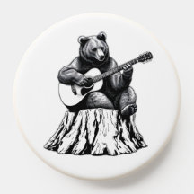Whimsical Bear Playing Guitar Sitting on a Stump