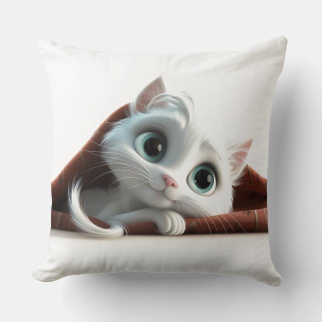 Whimsical Beautiful White Cat Throw Pillow (Front)