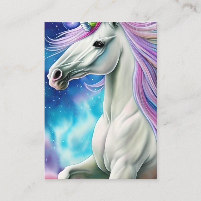 Whimsical Beautiful White Unicorn Horse with Flowi Business Card (Front)