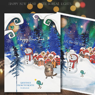Whimsical Beaver and Snowman Northern Light Holiday Card