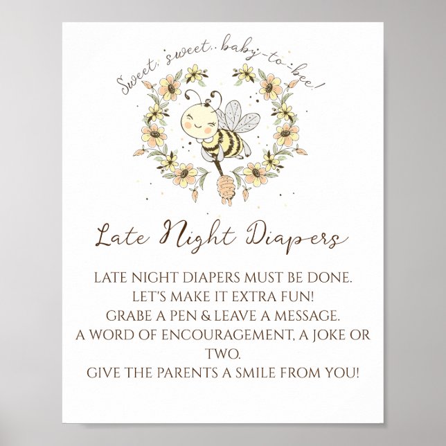 Whimsical Bee Wreath Late Night Diapers Sign (Front)