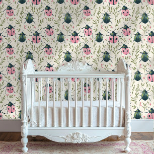 Whimsical Beetle and Botanical Peel-and-Stick Wallpaper