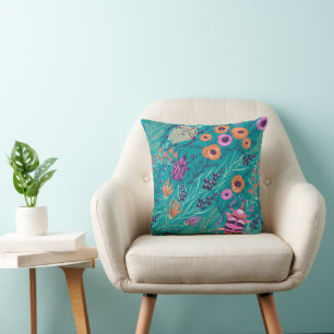 Whimsical Beetle & Wildflower Botanical Pillow