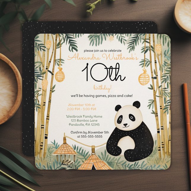 Whimsical Beige Bamboo and Panda Birthday Party Invitation (Creator Uploaded)