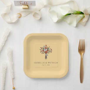 Whimsical Beige Floral Bouquet Illustration Paper Plate