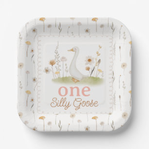 Whimsical Beige Floral One Silly Goose Birthday Paper Plate