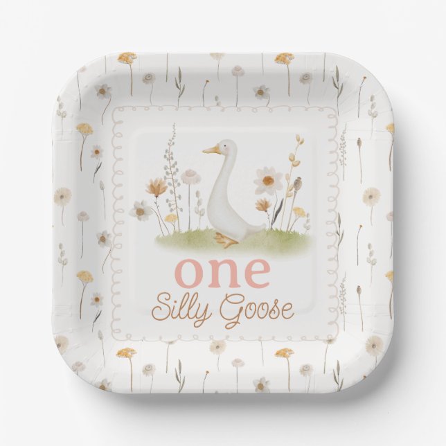 Whimsical Beige Floral One Silly Goose Birthday Paper Plate (Front)