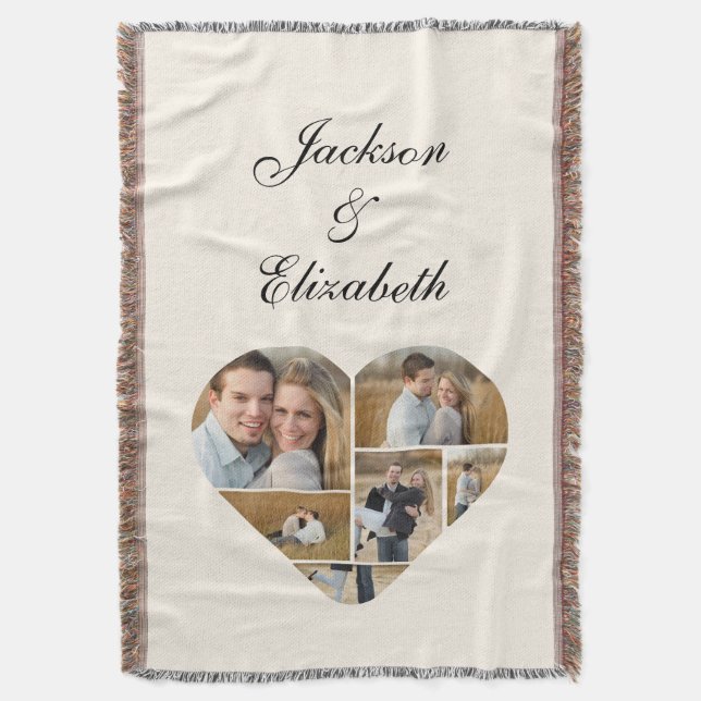Whimsical Beige Heart Photo Collage Personalised  Throw Blanket (Front Vertical)