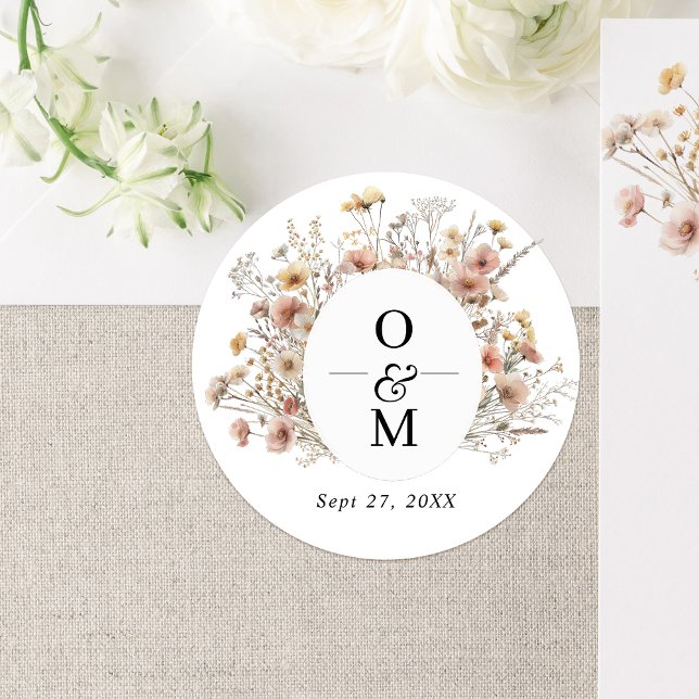 Whimsical Beige Meadow Wildflower Monogram Wedding Classic Round Sticker (Creator Uploaded)