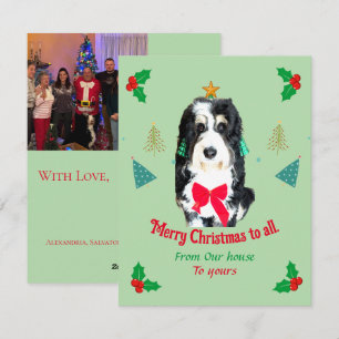 Whimsical Bernedoodle dog Christmas holiday card