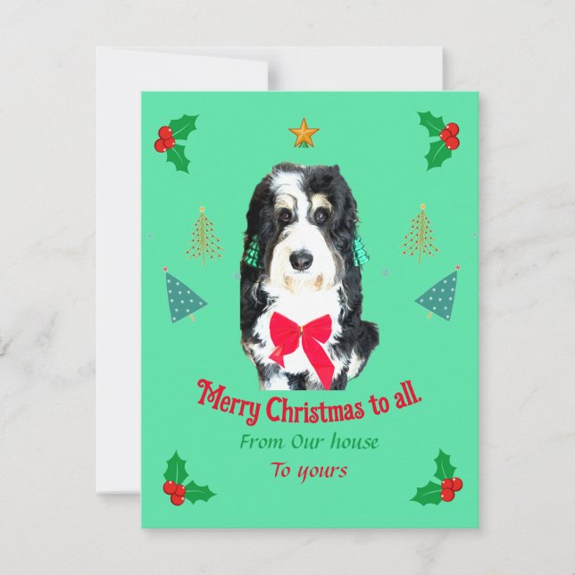 Whimsical Bernedoodle dog Christmas holiday card (Front)