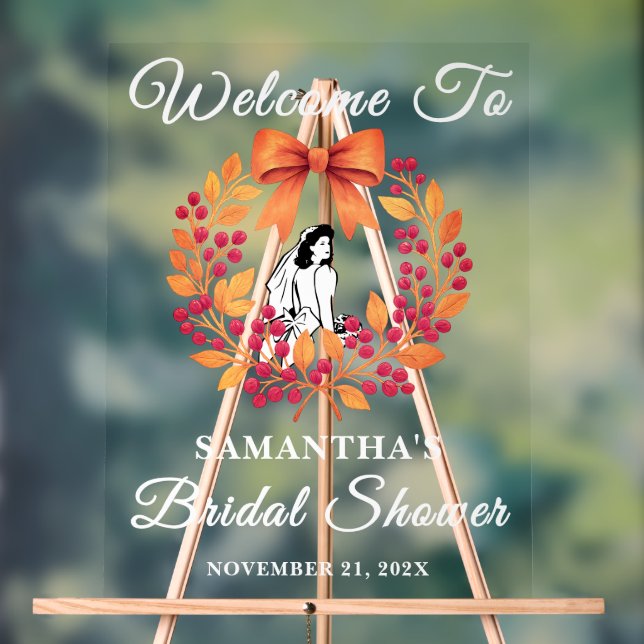 Whimsical Berry Leaves Fall Bridal Shower Welcome Acrylic Sign (Neutral)