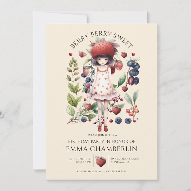 Whimsical Berry Sweet Girl's Birthday Party Invitation (Front)
