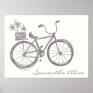 Whimsical Bicycle Illustration Lavender Grey Name Poster