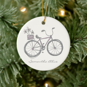 Whimsical Bicycle Illustration Lilac Grey Custom Ceramic Tree Decoration