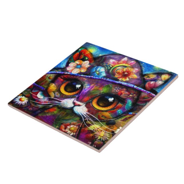 Whimsical Big-Eye Cat Kitty with Hat Floral  Tile (Side)