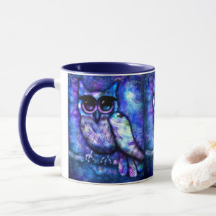 Whimsical Big-Eye Owl Bird Blue Purple Night Mug