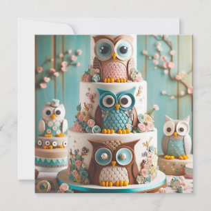WHIMSICAL BIG EYE OWL THEMED BIRTHDAY CAKE INVITATION