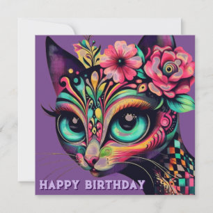 Whimsical Big-Eye Retro Diva Cat Birthday Card