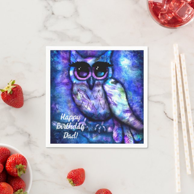 Whimsical Big-Eyed Abstract Owl Blue Green Purple Napkin (Insitu)