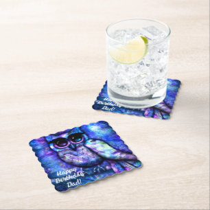 Whimsical Big-Eyed Abstract Owl Blue Green Purple Paper Coaster