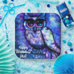 Whimsical Big-Eyed Abstract Owl Blue Green Purple Paper Plate