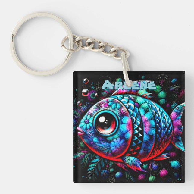 Whimsical Big-Eyed Fish Nautical Personalised Key Ring (Front)
