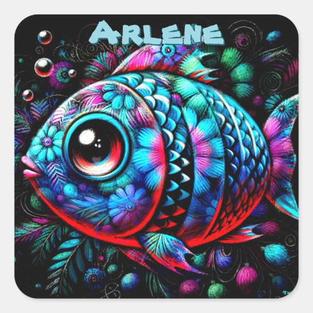 Whimsical Big-Eyed Fish Nautical Personalised Square Sticker (Front)