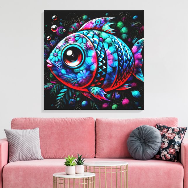Whimsical Big-Eyed Floral Fish Nautical Teal Pink  Canvas Print (Insitu(LivingRoom))