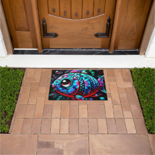 Whimsical Big-Eyed Floral Fish Nautical Teal Pink Doormat