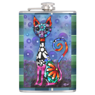 Whimsical Big-Eyed Funky Abstract Kitty Cat Hip Flask