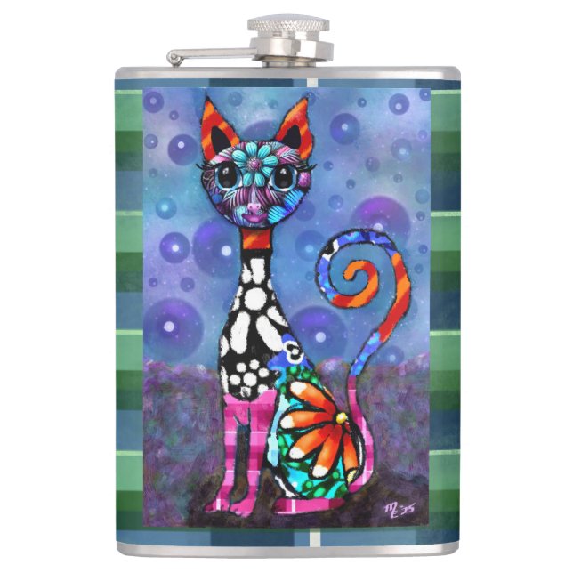 Whimsical Big-Eyed Funky Abstract Kitty Cat Hip Flask (Front)