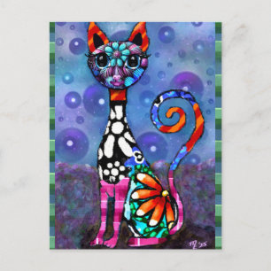 Whimsical Big-Eyed Funky Abstract Kitty Cat Postcard