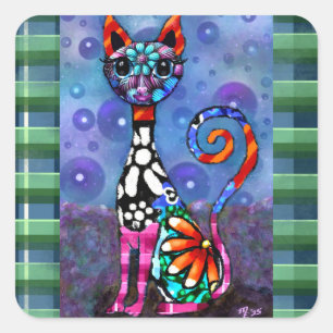 Whimsical Big-Eyed Funky Abstract Kitty Cat Square Sticker