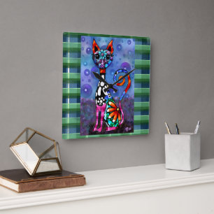 Whimsical Big-Eyed Funky Abstract Kitty Cat Square Wall Clock