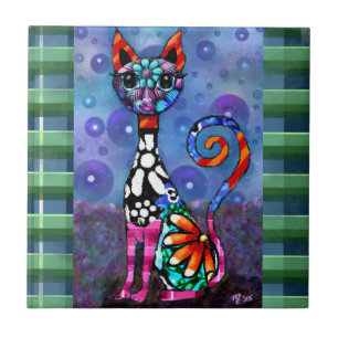 Whimsical Big-Eyed Funky Abstract Kitty Cat Tile