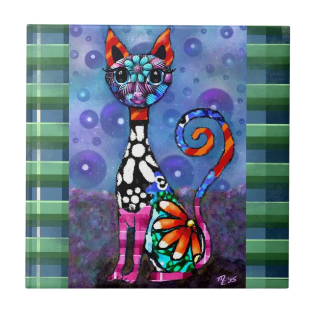 Whimsical Big-Eyed Funky Abstract Kitty Cat Tile (Front)