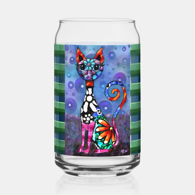 Whimsical Big-Eyed Funky Kitty Cat Abstract Can Glass (Front)