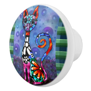 Whimsical Big-Eyed Funky Kitty Cat Abstract Ceramic Knob