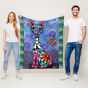 Whimsical Big-Eyed Funky Kitty Cat Abstract Fleece Blanket