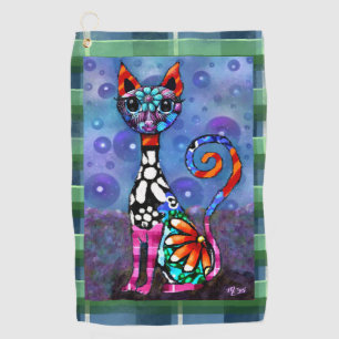 Whimsical Big-Eyed Funky Kitty Cat Abstract Golf Towel