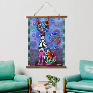 Whimsical Big-Eyed Funky Kitty Cat Abstract Hanging Tapestry
