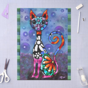 Whimsical Big-Eyed Funky Kitty Cat Decoupage Tissue Paper