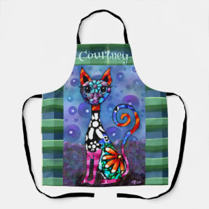 Whimsical Big-Eyed Funky Kitty Cat Personalized Apron