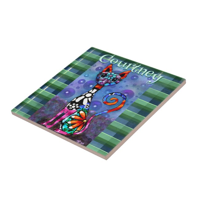 Whimsical Big-Eyed Funky Kitty Cat Personalized Tile (Side)