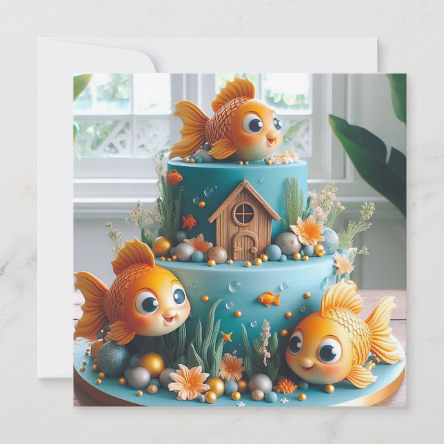 WHIMSICAL BIG EYED GOLDFISH THEMED BIRTHDAY CAKE CARD (Front)