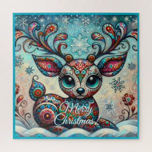 Whimsical Big Eyes Christmas Reindeer Folk Art Jigsaw Puzzle
