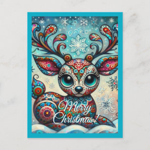 Whimsical Big Eyes Christmas Reindeer Folk Art Postcard