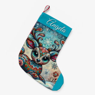Whimsical Big Eyes Christmas Reindeer Folk Art Small Christmas Stocking